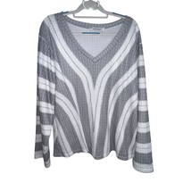 MissLook Gray &amp; White Striped V-Neck Knit Sweater Long Sleeve Women&#39;s Si... - $13.01