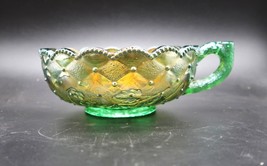Vtg Imperial Green Yellow Carnival Glass Nappy Handled Bowl Quilted/Pans... - $19.99