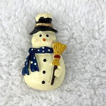 Vintage Holiday Snowman 2.5&quot; Pin Broom Christmas Blue Polka Dot Scarf Hat - $19.80