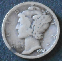 1934-P Mercury Silver Dime. - $3.25