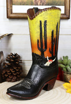 Western Desert Sunrise Dawn Cactus And Cow Skull Cowboy Boot Vase Sculpture - $33.99