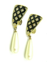 Vintage 1950s Monet Simulated Pearl with Clear Rhinestone Dangle Earrings - $10.39 CAD