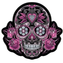 Ladies Pink Sugar Skull and Roses [4 Inch] Embroidered Biker Patch - £9.64 GBP