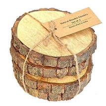 Large Natural Tree Bark Wooden Coasters- 4.5 Inch with Hemp Tie,  SET OF 4     . - £23.45 GBP