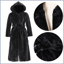 Big Hooded Sleek Black Mink Sable Faux Fur Long Pelt Parka Overcoat  image 2