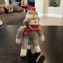 Sock Monkey Plush Christmas Tree Ornament Red Bow Lips Gray White Holidays 6&quot; - £8.91 GBP