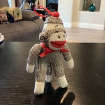 Sock Monkey Plush Christmas Tree Ornament Red Bow Lips Gray White Holidays 6&quot; - £8.51 GBP