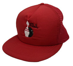 Vintage Bowling Hat Cap Snap Back Red Mesh Trucker Hand Embroidered Ball &amp; Pin - £14.23 GBP