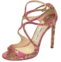 JIMMY CHOO Sandals Brocade Pink Gold Metallic LANCER Heels Leather Strap... - $422.75