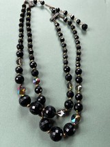 Vintage Double Strand Graduated Black Faceted Plastic &amp; Iridescent Disk Bead Cho - £9.02 GBP