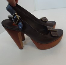 Michael Kors Brown Leather Wood Heels Leather Soles Open Toe Sandals Sz 5.5 - £31.15 GBP