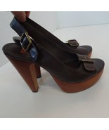 Michael Kors Brown Leather Wood Heels Leather Soles Open Toe Sandals Sz 5.5 - £31.61 GBP