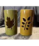 Autumn Leaf Cutout Ceramic Lanterns Set of 2 Green &amp; Mustard Fall Decor - $34.43 CAD
