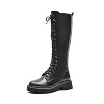 Long Boots Women Cow Leather Round Toe Metal Eyelets Knight Boots Side Zip Cross - £199.91 GBP