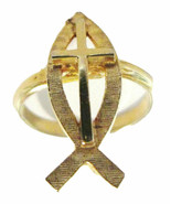 Religious Ichthus Gold Tone Ring Cross &amp; Fish Sz 6-7 Christian Faith Jew... - £11.00 GBP