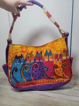 Laurel Burch Cats Satchel Purse Bright Colorful Canvas Rope Strap 9&quot; x 12&quot; - $29.99