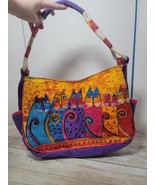 Laurel Burch Cats Satchel Purse Bright Colorful Canvas Rope Strap 9&quot; x 12&quot; - $577.37 MXN