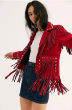 Watermelon Fringe Jacket Handmade Studded Western Hippie BOHO Style Leat... - $88.87+