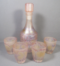 Simron Glass Saki or Cordial Decanter Set 4 Mini Cups 2&quot; Pink Drip Israel - £35.89 GBP