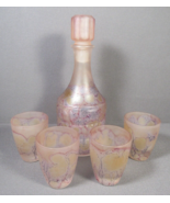 Simron Glass Saki or Cordial Decanter Set 4 Mini Cups 2&quot; Pink Drip Israel - £35.08 GBP