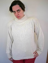 Vintage 80s Silk Angora Wool White Sparkle Sequins Turtle Neck Sweater L - £35.38 GBP