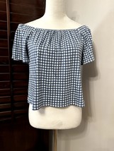 Belle Womens Crop Top White Gingham Short Sleeve Flare Square Neck Stret... - £13.13 GBP