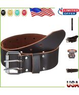 Heavy-Duty Leather Work Belt with Double Pronged Buckle - Adjustable 30&#39;... - $69.92 CAD
