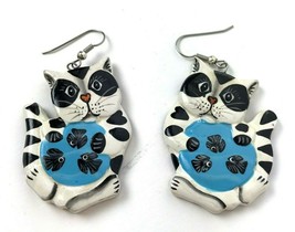 Kitty Cat Dangle Earrings Colorful Hand Painted Wood Vintage humor kitsch art - £19.10 GBP