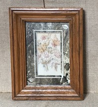 Vintage Framed Flowers And Butterflies Embroidery Art w Marbled Matte - $12.87