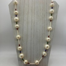 Vintage Faux Pearl 40&quot; Necklace Gold Red Blue White Spacer Beads - £15.48 GBP