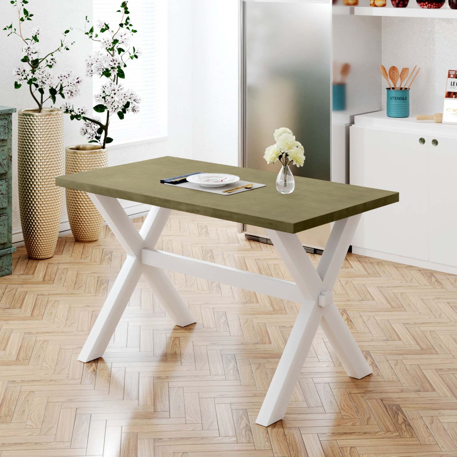 Farmhouse Rustic Wood Kitchen Dining Table with X-shape Legs, Gray Green - $382.88