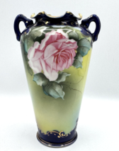 Antique Hand Painted Nippon Vase Blue Gold Pink Roses 7.5" Handles Ruffl... - $24.14