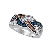 10k White Gold Womens Round Brown Blue Color Enhanced Diamond Woven Band Ring 1 - £605.71 GBP