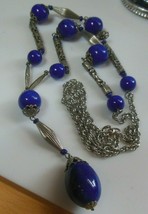 Vintage Unmarked Long Ornate Blue Lapis Glass Balls Necklace - £130.17 GBP