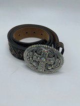 Justin Tooled Brown Leather Rhinestone Cross Buckle Western Cowgirl Belt New - £22.41 GBP