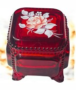 Vtg Westmoreland Ruby Red Square Glass Trinket Box Painted Rose on Lid S... - $27.12 CAD