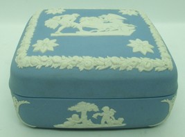 Vintage England Wedgwood Blue Jasperware Square Lidded Chariot Trinket Box - £30.97 GBP