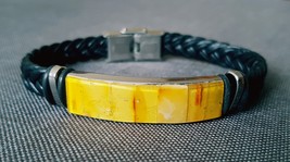 Leather Bracelet with Natural Butterscotch Baltic Amber Mens Bracelet - $39.00