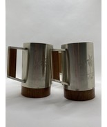 4x Teak and Pewter 12oz mugs with handles sailboat palms TIKI MCM VTG 1970s - £55.89 GBP