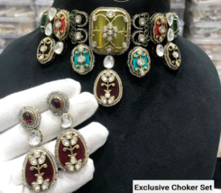 Indian Bollywood Style Gold Filled CZ Necklace Navratna Kundan Jewelry Set - £210.15 GBP