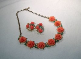 Vintage Pink Plastic Painted Metal Flower Choker Necklace &amp; Earrings Set... - £42.84 GBP