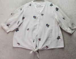Charter Club Blouse Top Women XL White Embroidery Floral Linen Button Front Knot - £11.14 GBP