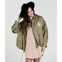 Rylee + Cru Womens Jacket Embroidered Flowers Oversized Green Olive L - £30.72 GBP