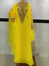 Stylish YELLOW  Long Moroccan Dubai Farasha Kaftan Gown Abaya Hand Work ... - $70.00