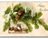 Happy New Year Winter Cabin Scene Pine Boughs Embossed DB Postcard H24 - $3.91