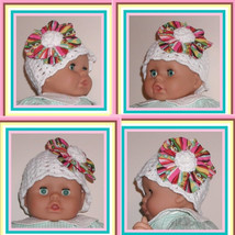 Solid White Baby Hat Colorful Large Fabric Flower Small Rose Center Cloche - £12.78 GBP