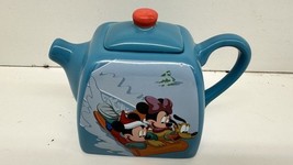 Disney Mickey Minnie Mouse &amp; Pluto Sledding Blue Ceramic Teapot 5&quot; - $23.52 CAD