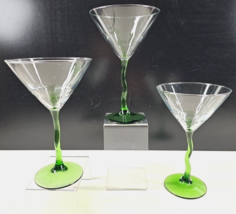 3 Libbey Courbe Martini Glasses Set Green Zig Zag Wavy Stemware Bar Drinking Lot - £30.88 GBP