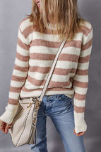 Brown Striped Round Neck Casual Sweater - £25.43 GBP