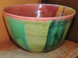Art Pottery 8&quot; Bowl green red yellow orange drip glaze colorful poss Cra... - $31.49